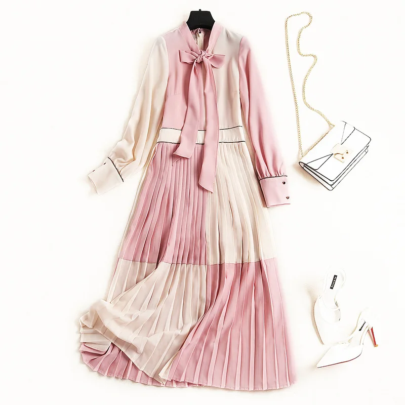 Женское Плиссированное шифоновое платье средней длины розовое с длинным рукавом