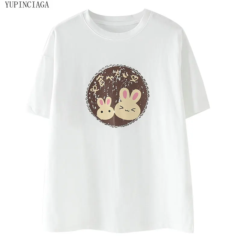 

Women Cartoon Print Cute Bunny Loose Round Neck Short Sleeve Kawaii T shirt Femme Casual Basic Tops Tees YUPINCIAGA
