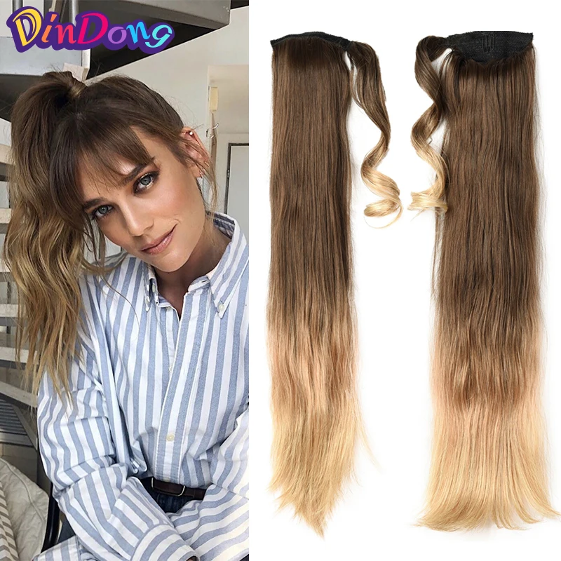 Женские накладные волосы DinDong Warp Ponytail, 24 дюйма, на застежке, на шнурке, с конским хвостом, Омбре, коричневый, с конским хвостом, блонд