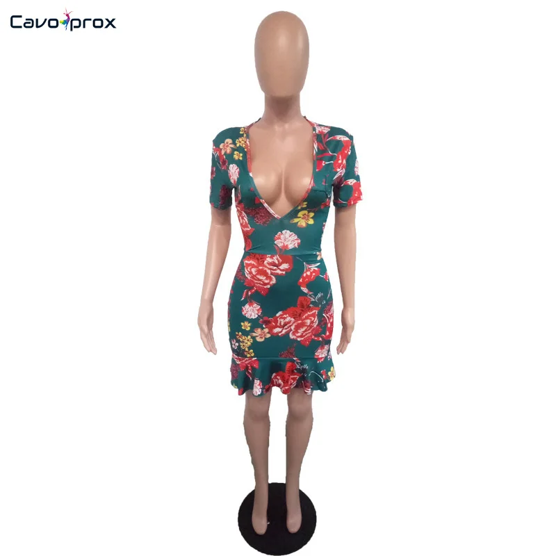 Женское зеленое платье-футляр с оборкой на спине и цветочным принтом Летнее