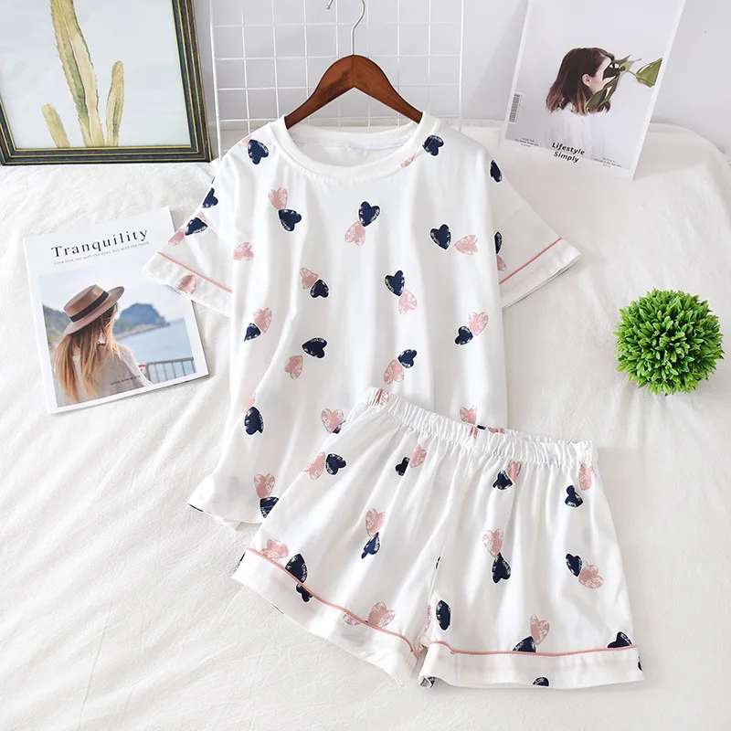 

Women's 100% cotton short-sleeved shorts in summer pajamas cartoon summer sports and leisure two-piece suits can be worn out