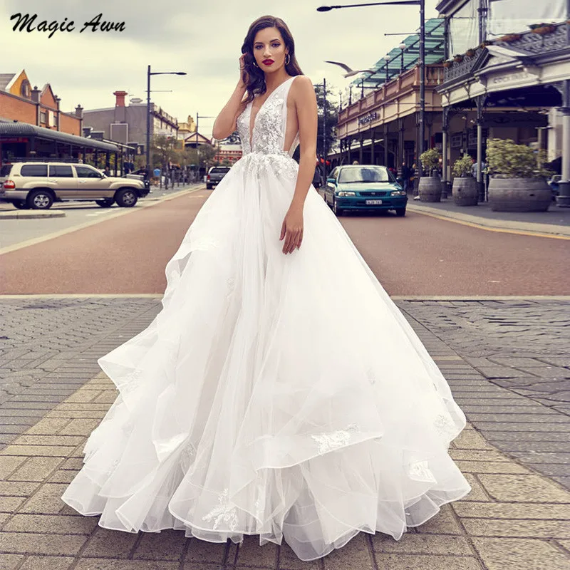 

Женское свадебное платье с открытой спиной Magic Awn, элегантное кружевное платье-трапеция с V-образным вырезом и аппликацией в стиле бохо, свад...