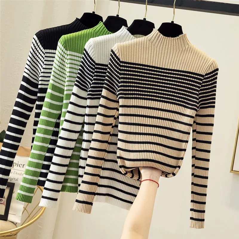 Women's Sweater Fashion Basic Autumn Winter Stripes Print Slim Long Sleeved Turtleneck Bottom Knit | Женская одежда