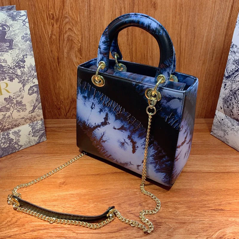 

Retro Tie-dye Geometric Pattern Genuine Leather Handbag Ladies New Hardware Chain Fashion All-match One-shoulder Messenger Bag