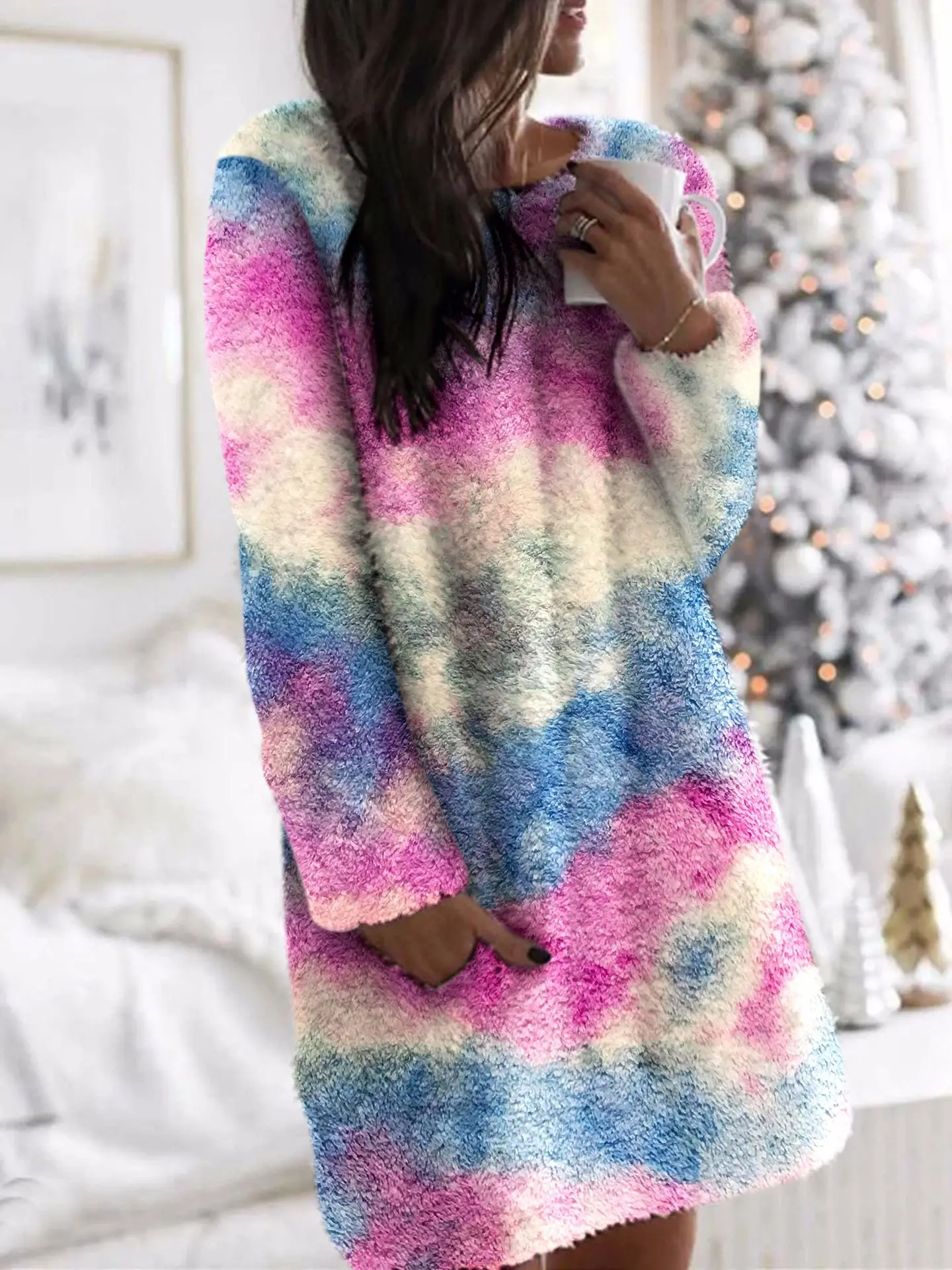 

Autumn Winter Plush Dress Women Casual Soft O-Neck Long Sleeve Pockets Loose Dress Leopard Camouflage Tie-dye Print Mini Dresses