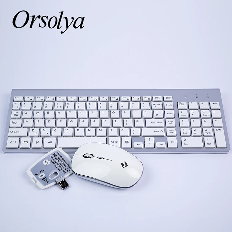 2,4G Беспроводная клавиатура и мышь Combo Orsolya Compact полноразмерная клавиатура и 2400 точек/дюйм оптическая мышь с низким уровнем шума, английский, испанский, немецкий, японский, французский, серебристый и белый