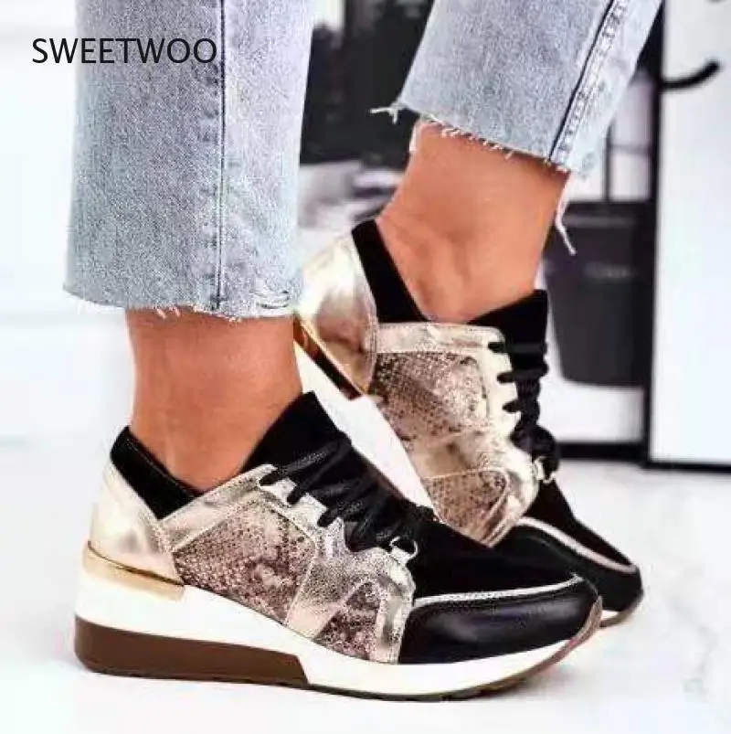 

Women Wedge Sneakers Lace Up Patchwork Platform Casual Vulcanized Sports Shoes