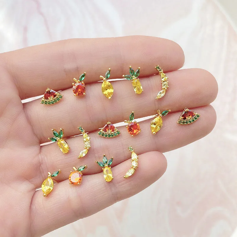 

1 Pair Women Zircon Crystal Small Stud Earrings Girl Child Fruit Pineapple Banana Peach Apple Delicate Earring Jewelry Ear Stud