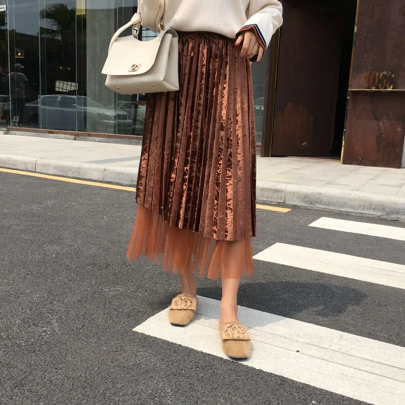 

New Women Winter Skirts Sweet Fashion Gauze Patchwork Gold Velvet Pleated Long Irregular Skirt Office Work Elegant Thick Skirts