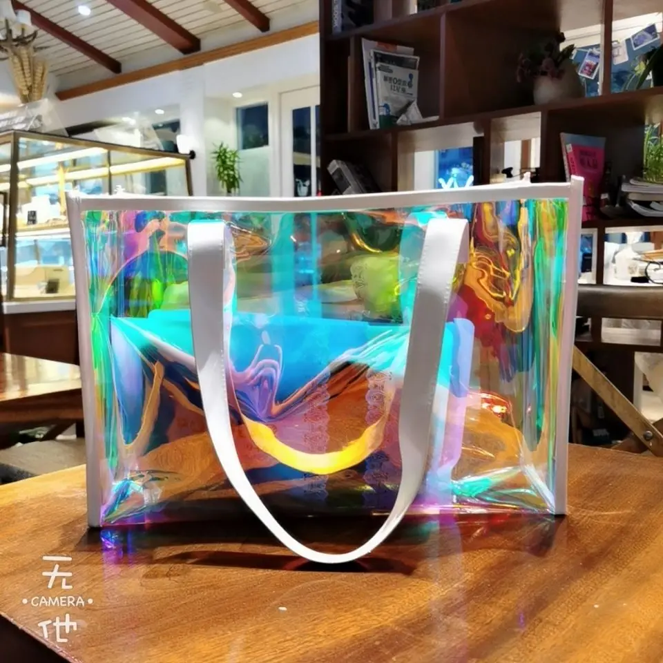 

Cute Laser Transparent Bag For Women Holo Clear Handbag Holographic Beach Shoulder Bag Waterproof Pvc Jelly Candy Femme Bolso