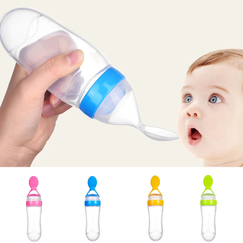 

Silicone Baby Feeding Bottle With Spoon Food Supplement Rice Cereal Bottle Baby Squeeze Spoon Silica Gel Spoon