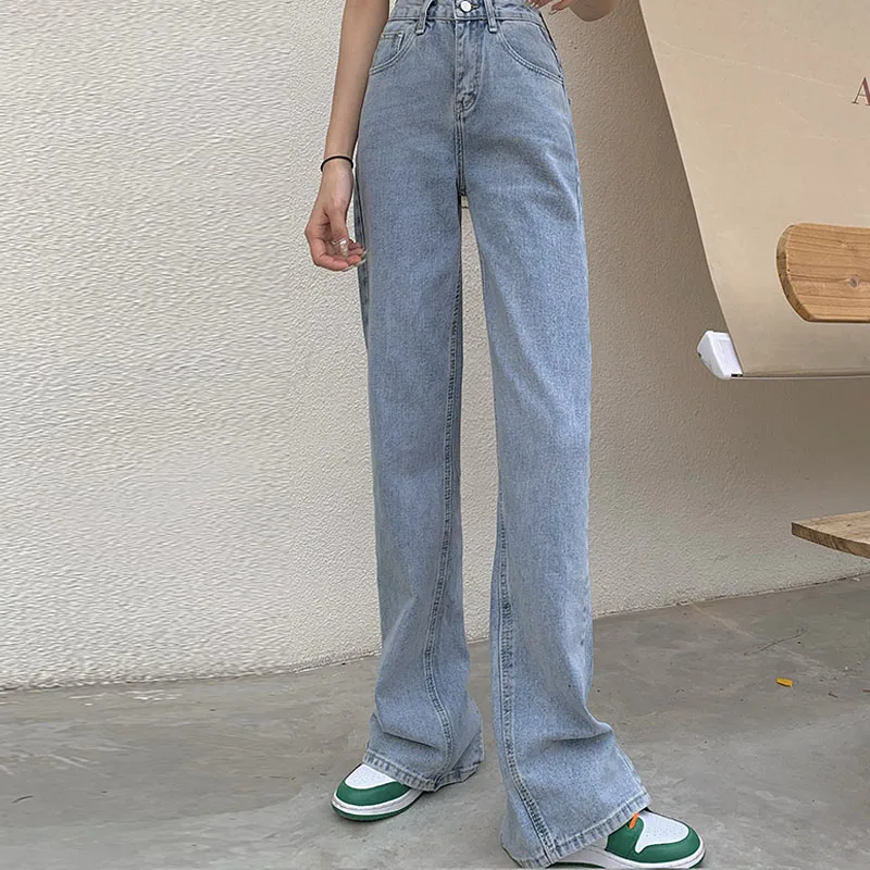 

Korean Chic Vintage Split Fork Design Denim Long Pant Sweety Girl High Waist Pocket Thin Jeans Straight Loose Wide Leg Pant 2021