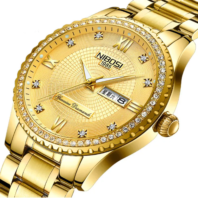 Для мужчин часы с бриллиантами двойной золотой календарь 3-контактный однотонные