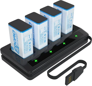 Battery pack of 4 Ni-MH 9 V rechargeable batteries with battery charger compatible with 9 volt rechargeable lithium-ion/Ni-CD/Ni-MH batteries for wireless microphone, smoke detector, toys