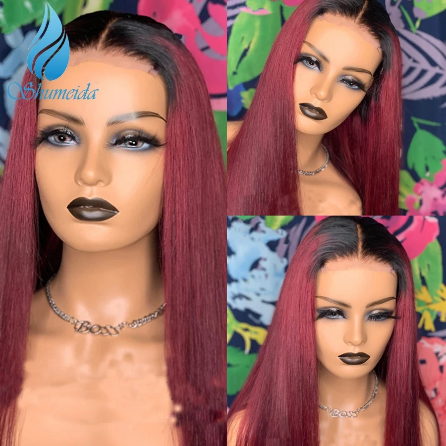 

Shumeida Ombre Red 13x4 Lace Front Human Wig Straight Brazilian Remy Hair Wigs with Baby Hair Glueless Wig Pre Plucked for Women