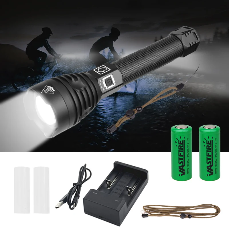 

VASTFIRE 2500 Lumens XHP90 LED Flashlight USB Rechargeable Zoomable Tactical Camping Hunting Torch Light+2*26650 +USB Charger
