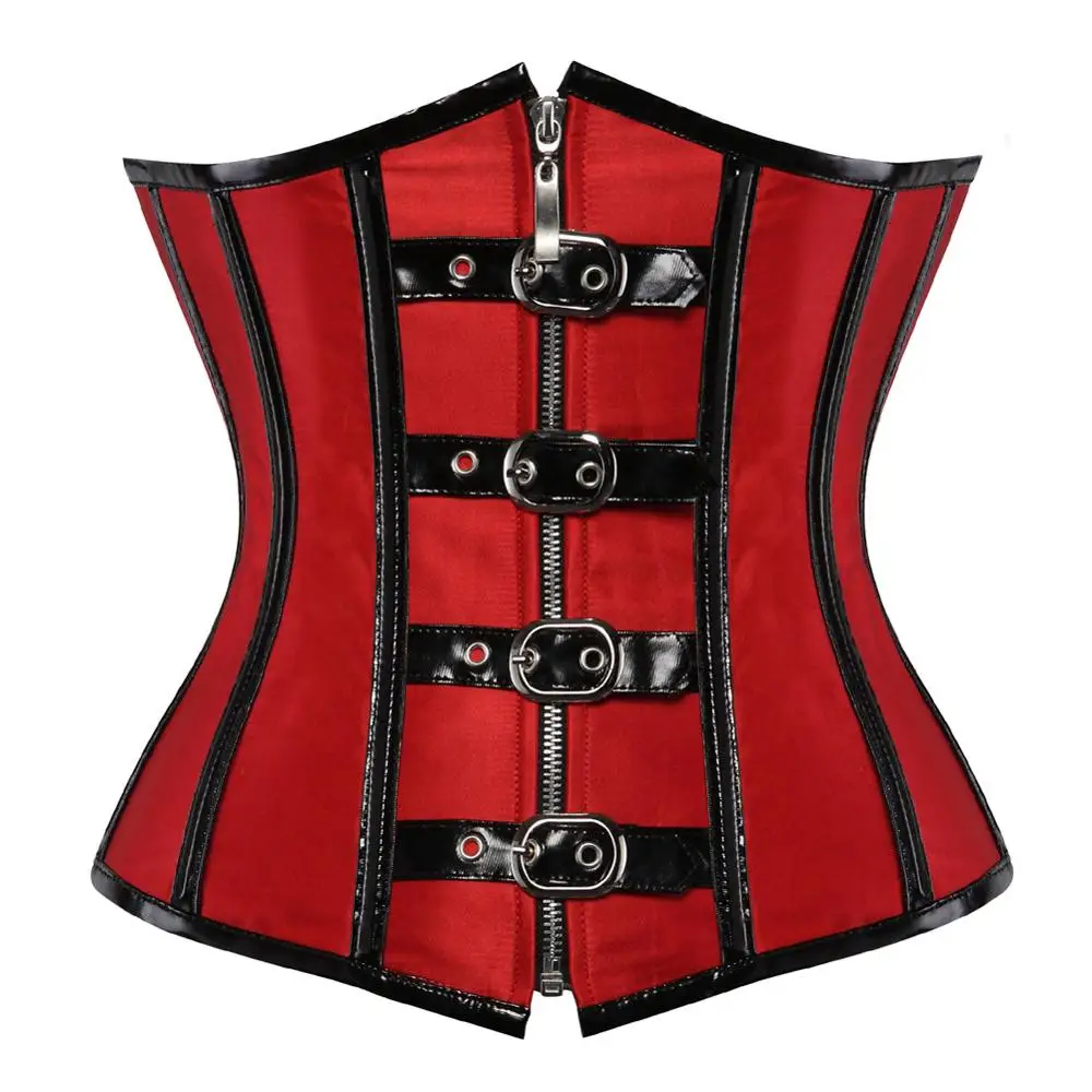 

Fashion Black Korset Steampunk Underbust Corsets and Bustiers PU Corset Top Faux Leather Gothic Punk Corselet Red