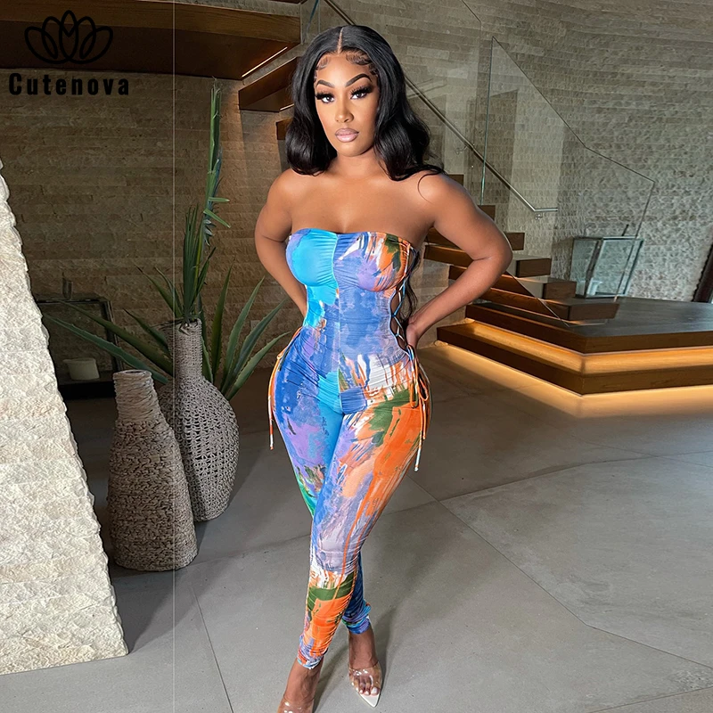

Cutenove Casual Jumpsuit Summer Female Cut Out Patchwork Lace-Up Jumpsuit Women Streetwears
