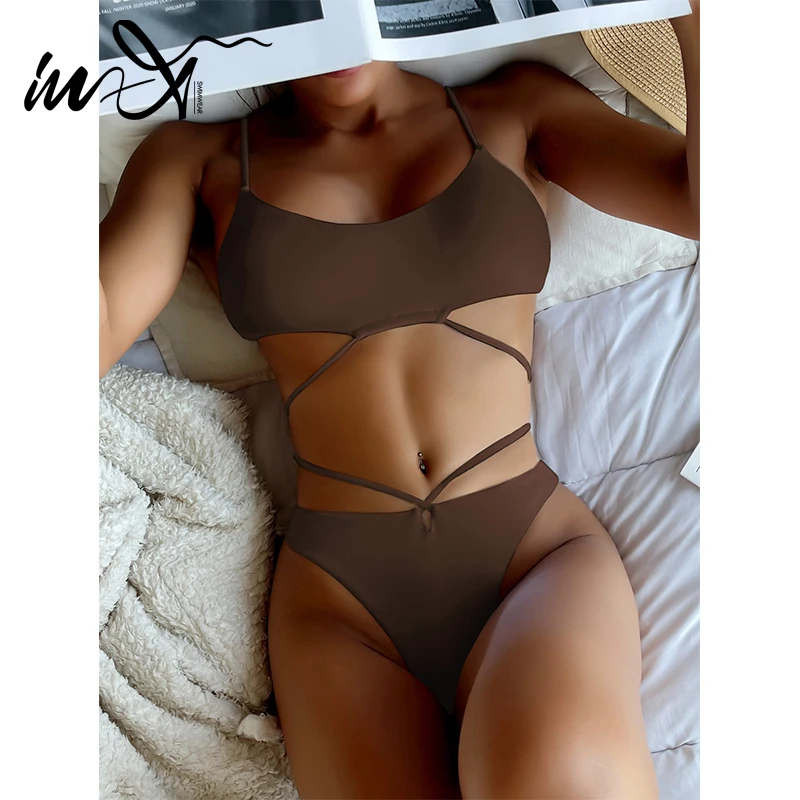 

Однотонные бикини In-X, бандажный купальник, женские купальные костюмы с высоким вырезом, купальники, комплект бикини, женские костюмы для ва...