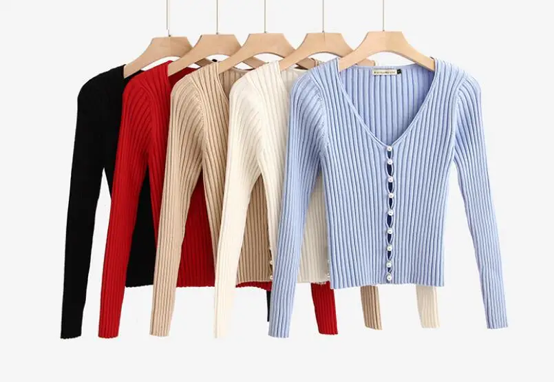 2020 Autumn New Stylish Knitting Single Breasted Pearl Cardigan Sweater Woman Deep V-neck Long Sleeve Jumper Kleding Jerseis |