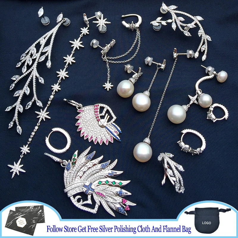 

Long Asymmetric Meteorites Earring And Its Stud Pearl Chain Leaf Feather Drop Earring 925 Sterling Silver Luxury Women's Jewelry