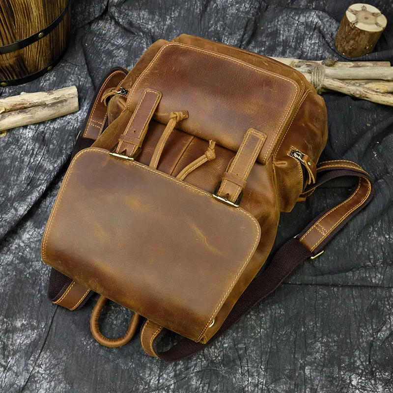 Мужской винтажный кожаный рюкзак crazy horse, унисекс, коровья кожа, 14 дюймов, рюкзак для ноутбука, женский, толстый, настоящая кожа, школьная сумка, повседневная сумка