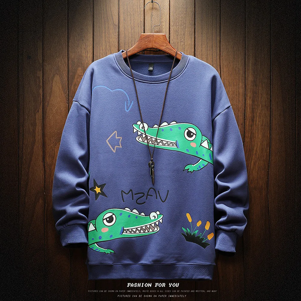

Crewneck Sweatshirt Men 2021 Crocodile Print Japanese Streetwear Oversized Cute Black Hoodie Men Sweatshirts Hoodies