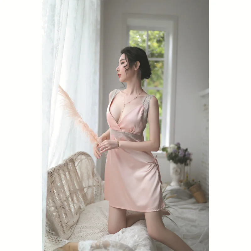 Атласная Домашняя одежда кружевное Женское ночное белье шелковое нижнее платье