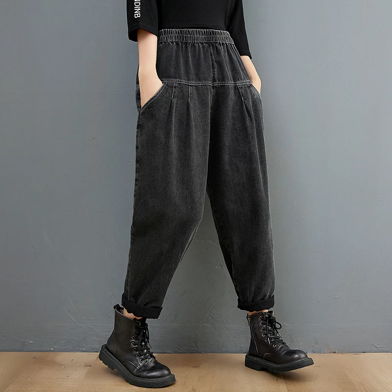 New Retro Blue Black Jean Mom Femme Winter Loose Baggy Big Size Denim Trousers Casual Elastic Waist Boyfriend Jeans For Women