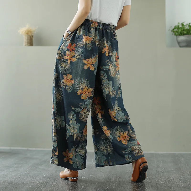 

Woman High Waist Baggy Jeans Summer Spring Vintage Streetwear Wide Leg Denim Jeans Female Flowers Print Cropped Pants Trousers