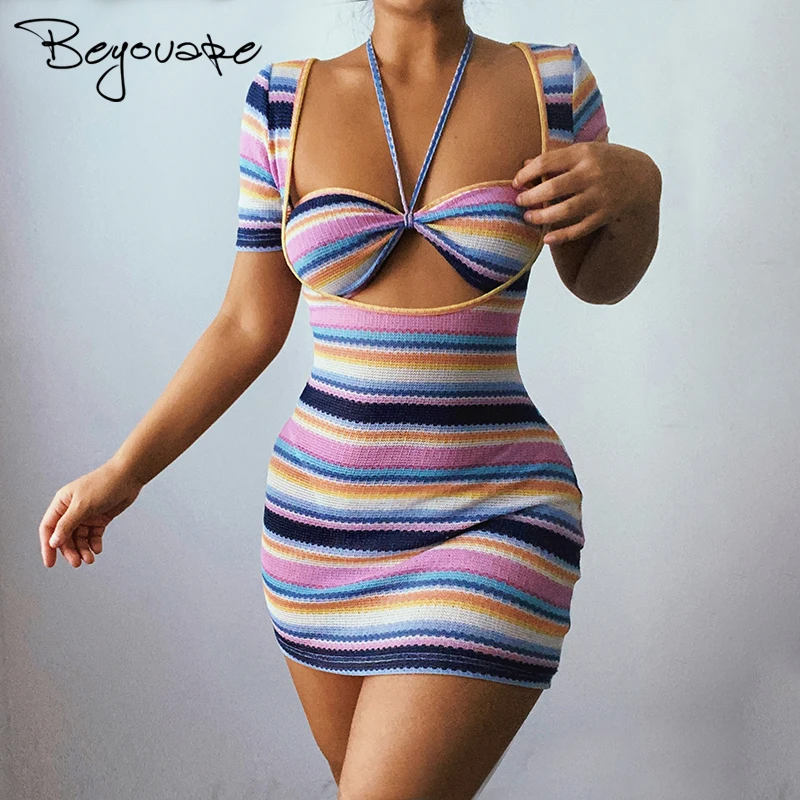 

Beyouare Knit Striped Hollow Halter Women Dress Sexy Square Neck Short Sleeve Skinny Mini Dresses Summer Club Party Beach Style