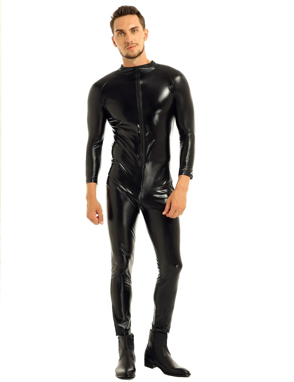 IEFiEL мода мото мужчины бодичулок лакированная кожа Wetlook передний Облегающий комбинезон с застежкой-молнией комбинезон Ночная Клубная одежда костюм представление