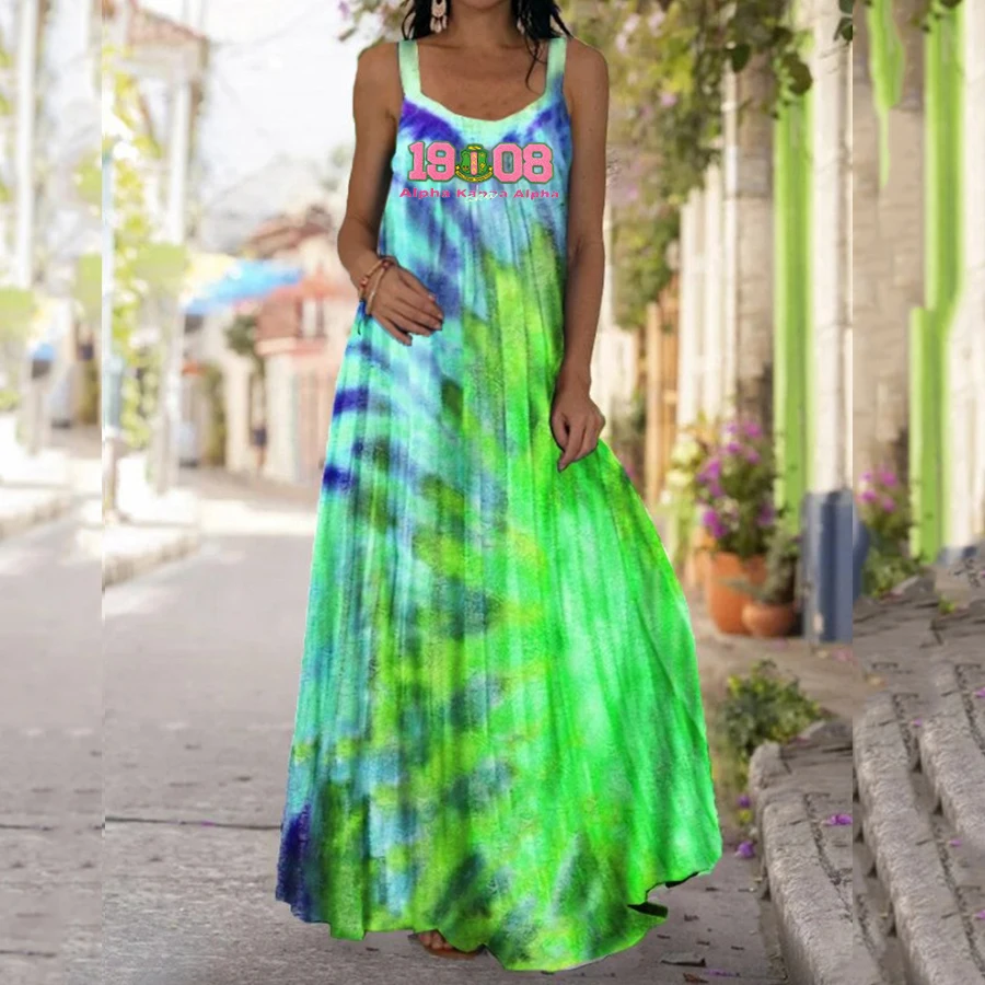 

Alpha Kappa Alpha Tie-dye printed bohemian strap off-shoulder mopping Dress
