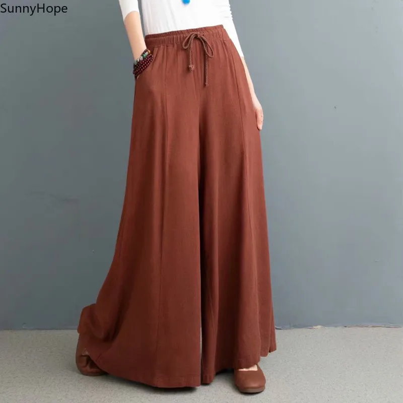 

2021 Women Vintage cotton linen Trousers Bohemian Loose Leisure wide leg pants fashion Spring and Summer skirt pants