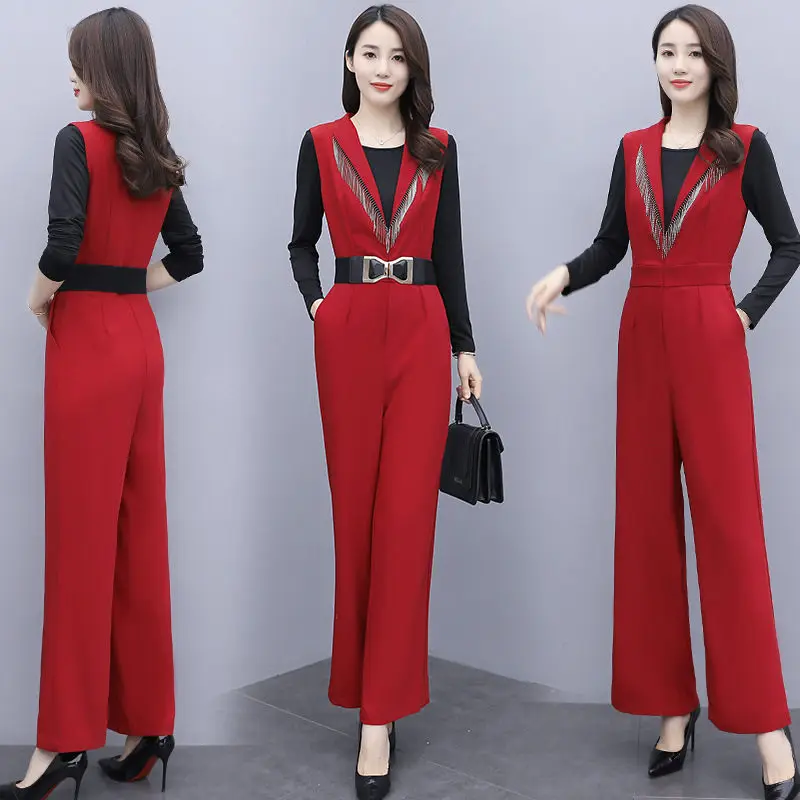 

Новинка весна-осень 2021, женская модная футболка с длинным рукавом и комбинезон с бахромой, брюки, темпераментный офисный женский костюм из д...