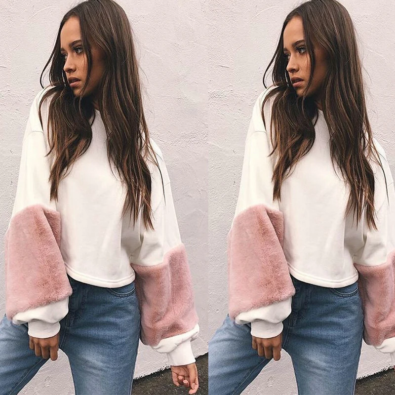 

Women Sweater, Color Block Round Neck Long Sleeve Sweatshirt, Loose Velvet Plush Pullover Wild Fashion Casual Top