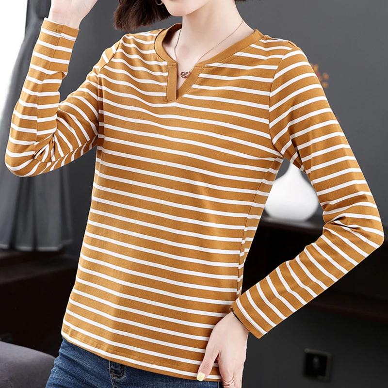 Женская хлопковая футболка в полоску с длинным рукавом и V-образным вырезом |