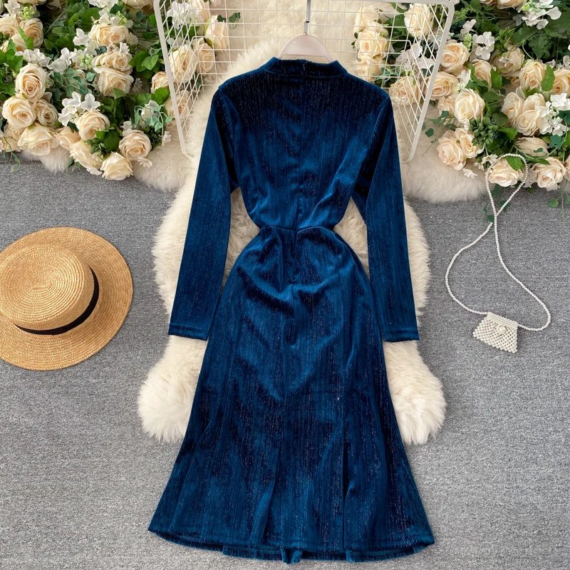 Синий бархат платье СО СТОЯЩИМ ВОРОТНИКОМ на шнуровке трапециевидной формы с