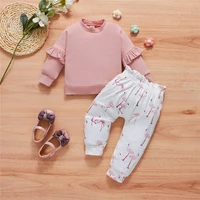girl%e2%80%99s pink three piece childrens sets baby solid long sleeve tops and flamingo pants with headband spring autumn kid clothing