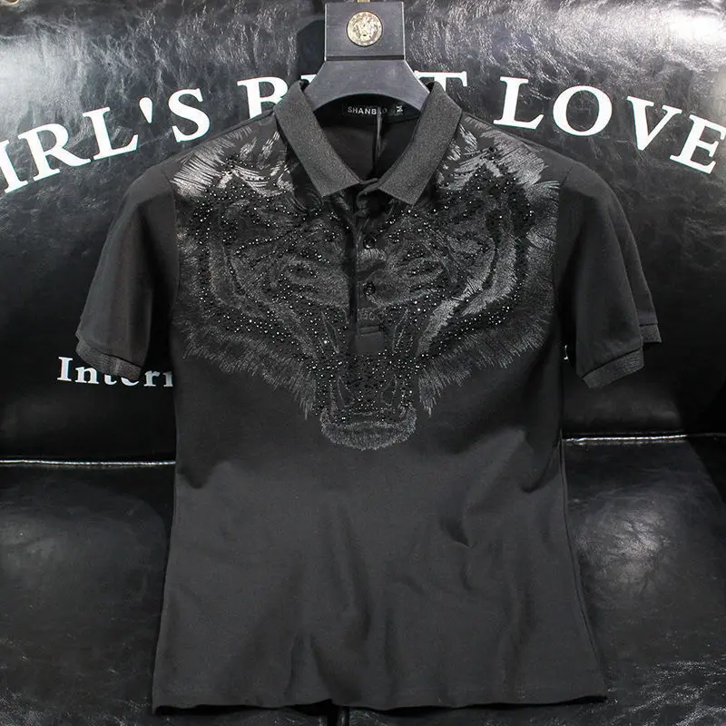 

Collar polo shirt men's lapel t-shirt summer hot drill with cotton black short sleeve jacket fashion men's clothing