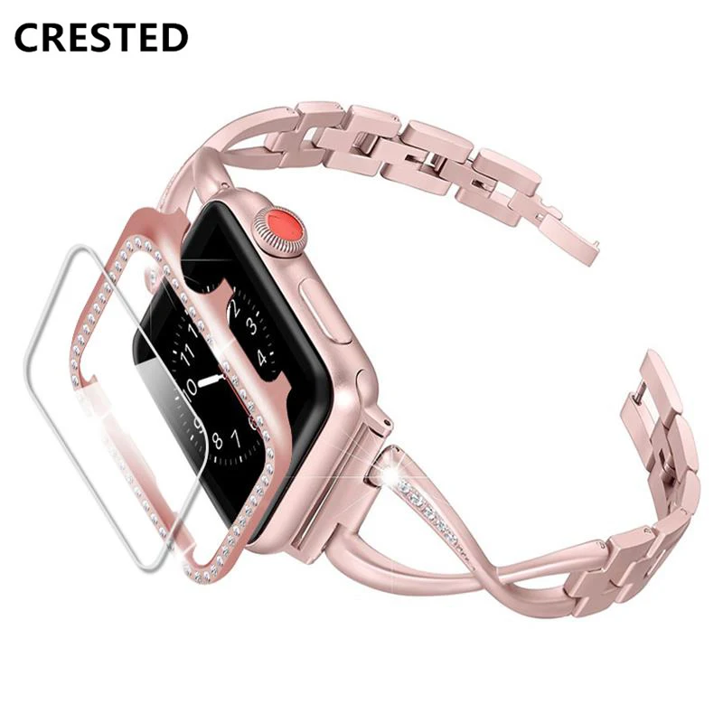 Алмазный ремешок для apple watch band 5 4 44 мм 40 браслет iwatch + чехол со стразами Защитная