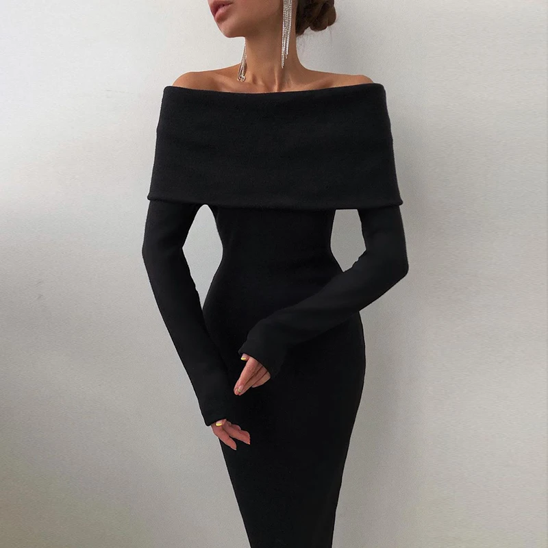 

One-word collar fashion bag hip skirt European and American ins temperament simple solid color trim slim dress