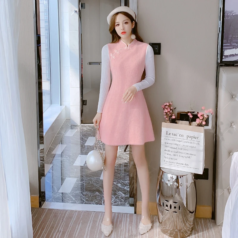 

COIGARSAM Chinese Style Patchwork Women one-piece dress korean New Winter Cheongsam Full Sleeve Knitting Dresses Pink 1265