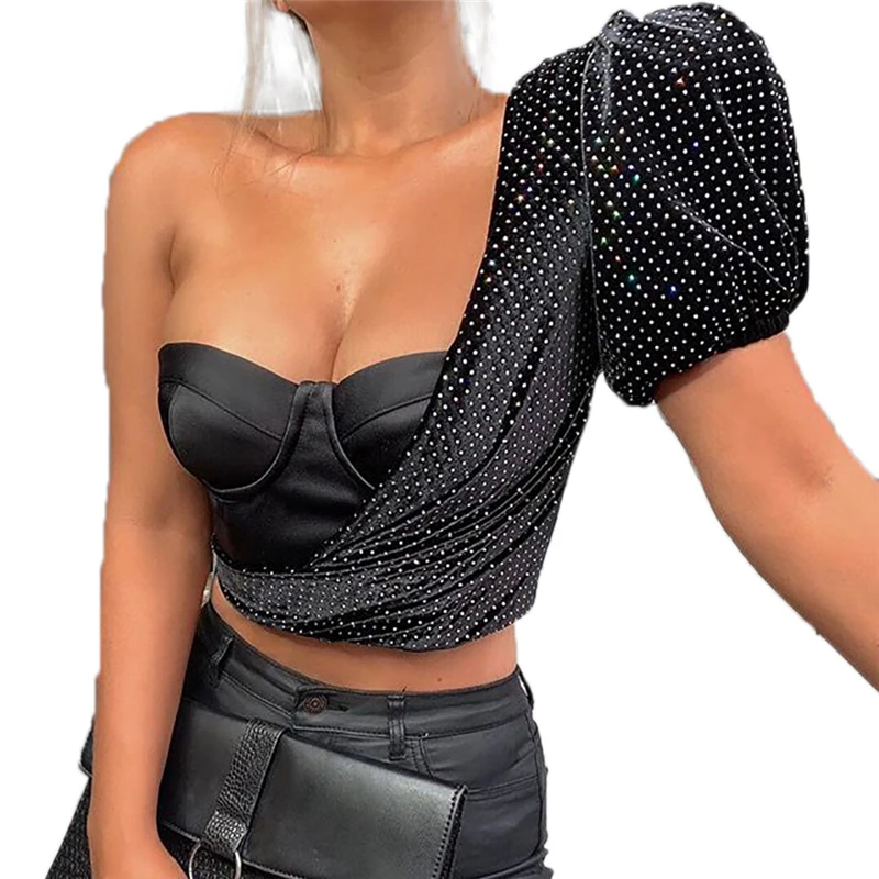 Женская блузка с пышными рукавами укороченный топ на одно плечо пикантная