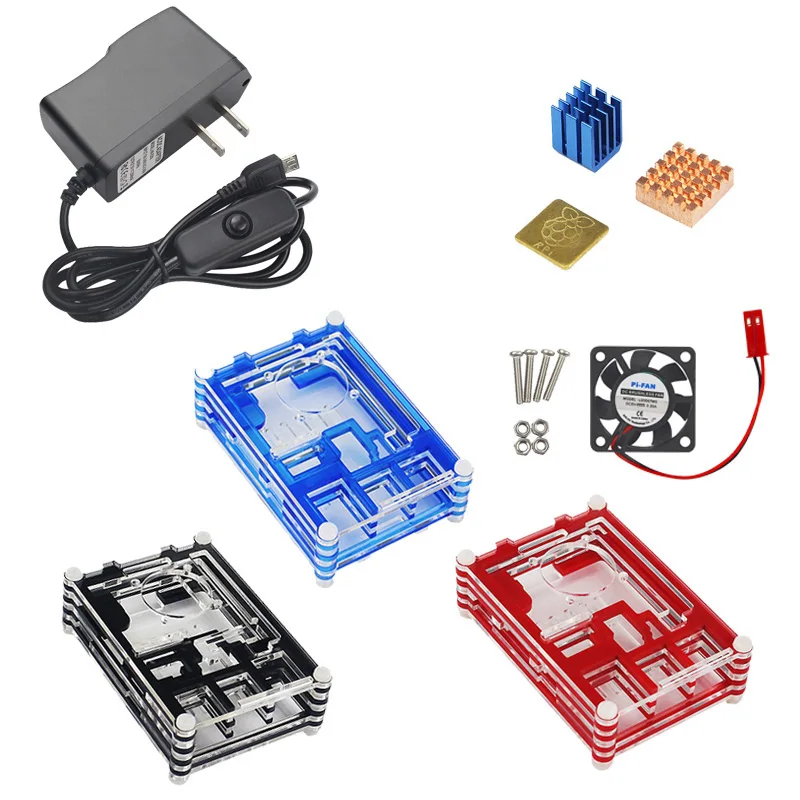 

For Raspberry Pi 3 Model B Accessory Kit Heat Sink+Radiator Fan+5V2.5A Switch Power Supply+Acrylic Case