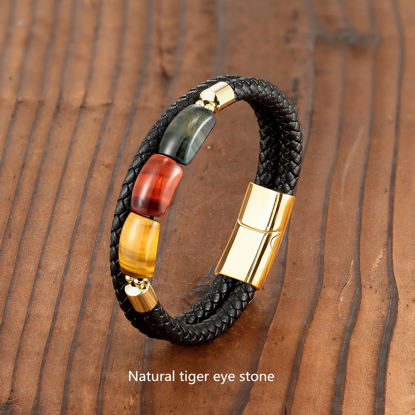 

2021 New Energy Bracelet Plate Type Natural Tiger Eye Stone Leather Cord Two-layer Bracelet Stainless Steel Bracelet Jewelry Gif