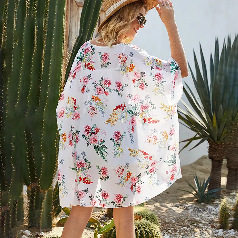 Женское кимоно с цветочным принтом открытая передняя часть пляжная одежда в
