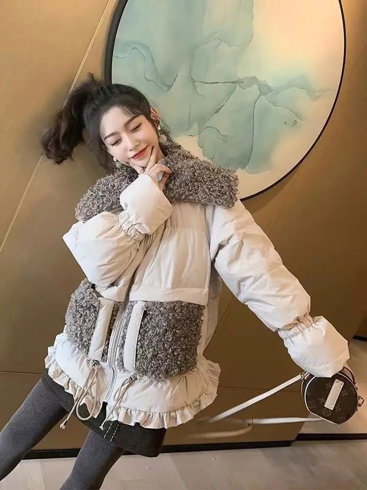 Зима 2019 новая Корейская версия овчина вьющиеся шерсть Сращивание хлопок платье