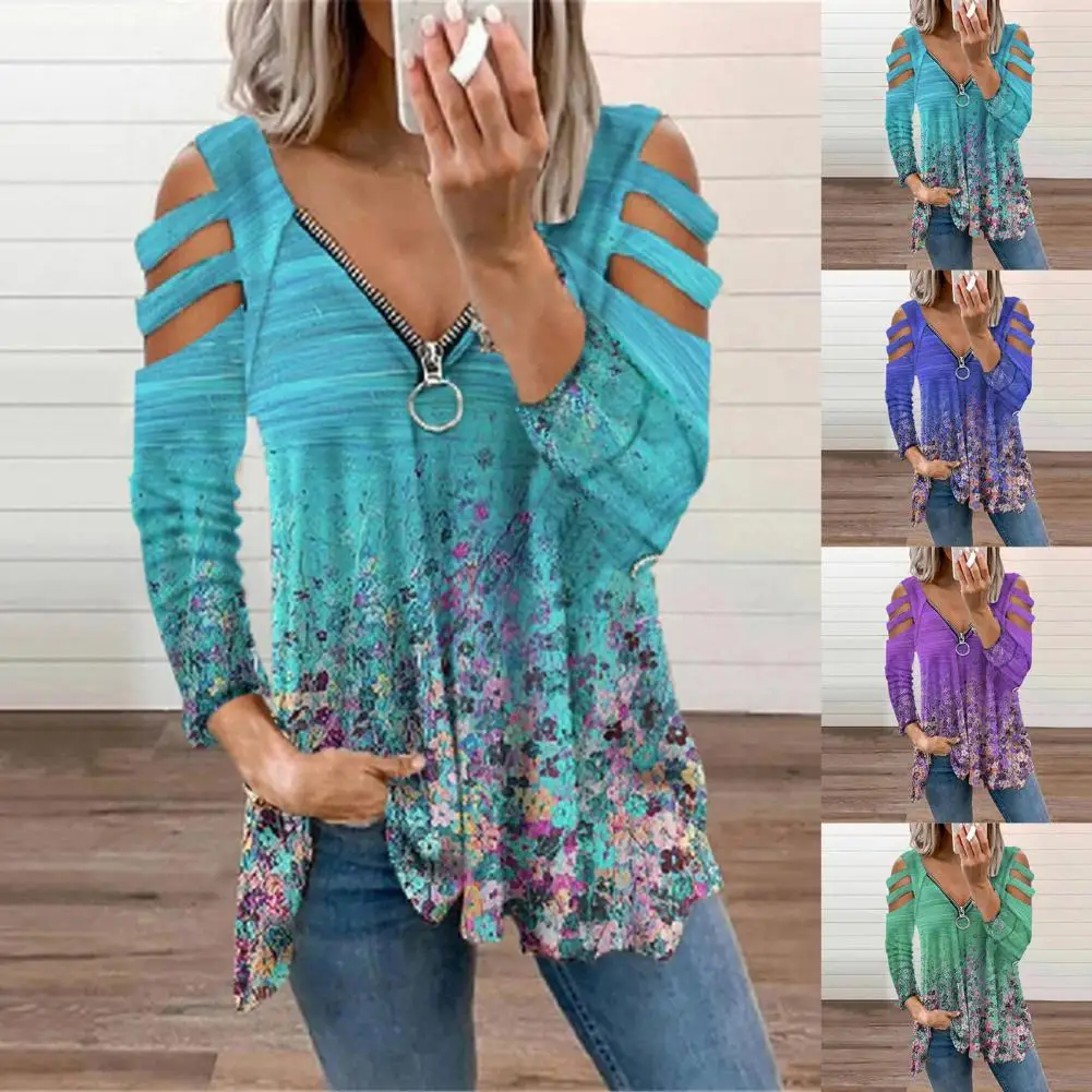 

Women T-shirt Small Floral Print V Neck Autumn Zipper Off Shoulder Loose Blouse for Dating