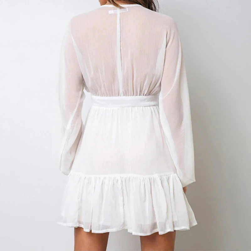 

Shirt Dress Women Summer 2020 V-neck Long Sleeve White Elegant Sexy Office Mini Beach Chiffon Dress Party Woman Clothes